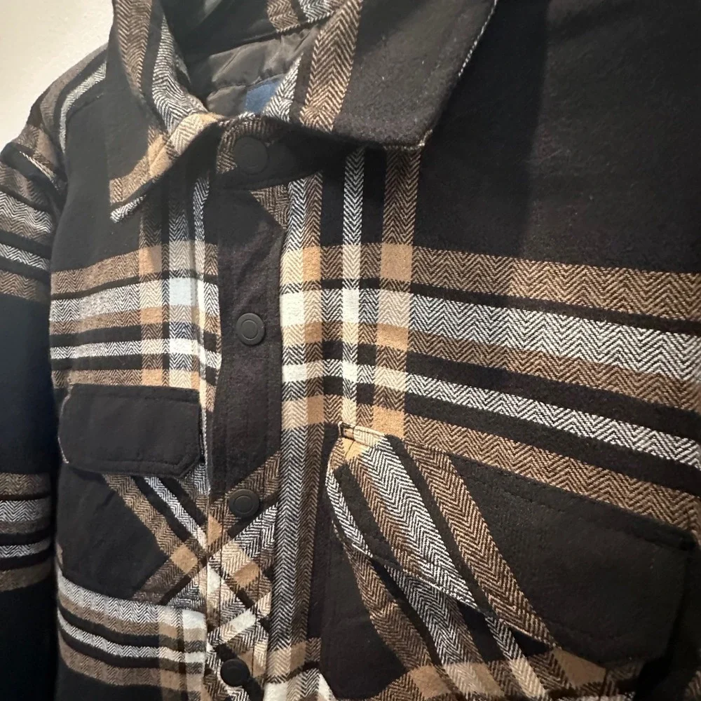 George Mens Black Ivory Plaid Quilted Lined Flannel‎ Shirt Jacket Shacket S NEW